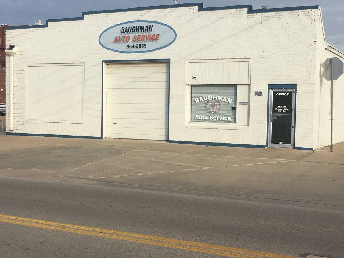 Baughman Auto Service storefront in downtown Hutchinson, Kansas